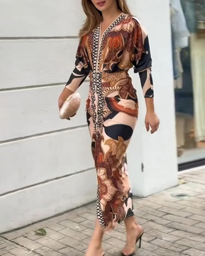 Printed Deep V-Neck Midi Dress