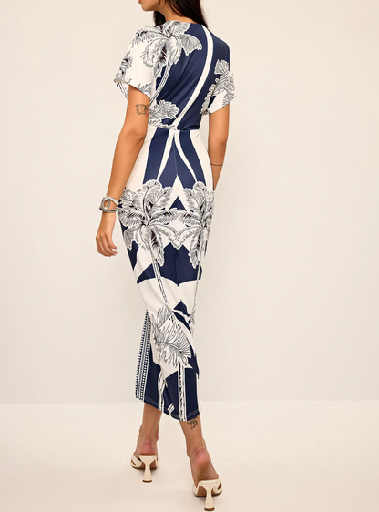 Printed Deep V-Neck Midi Dress