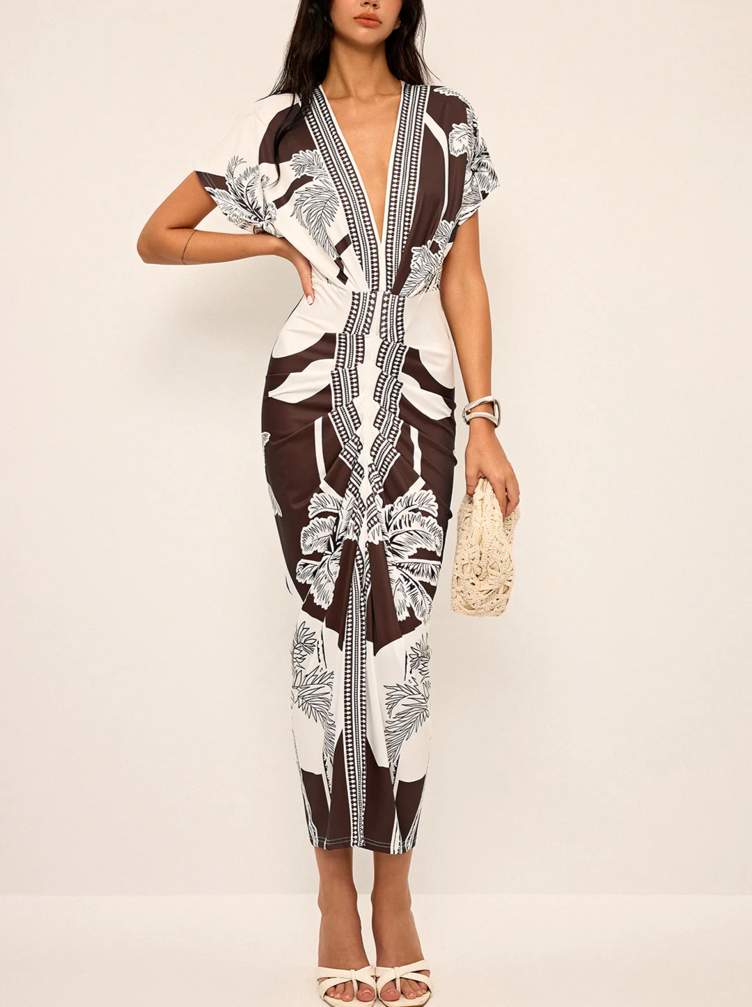 Printed Deep V-Neck Midi Dress