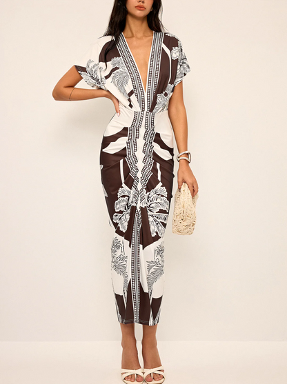 Printed Deep V-Neck Midi Dress
