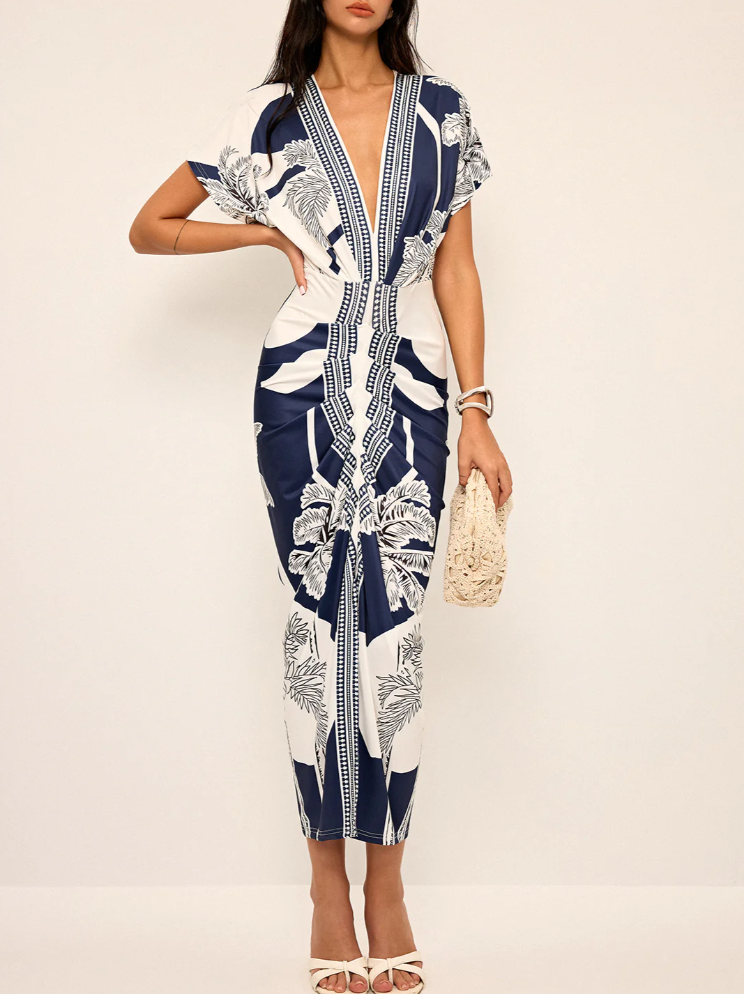 Printed Deep V-Neck Midi Dress