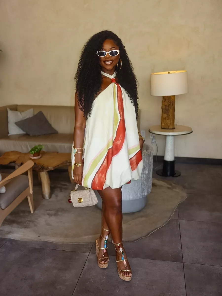 Cream Abstract Printed Halterneck Puffball Mini Dress