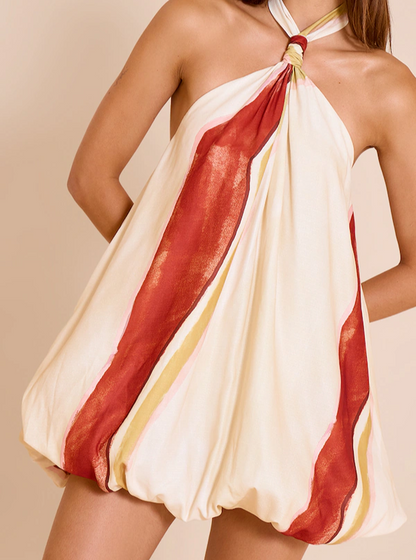 Cream Abstract Printed Halterneck Puffball Mini Dress