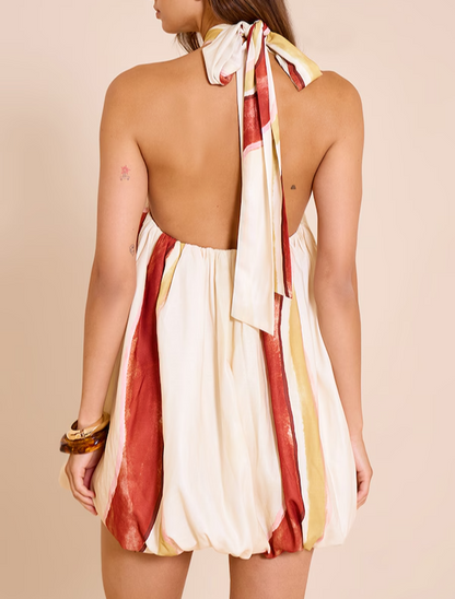 Cream Abstract Printed Halterneck Puffball Mini Dress