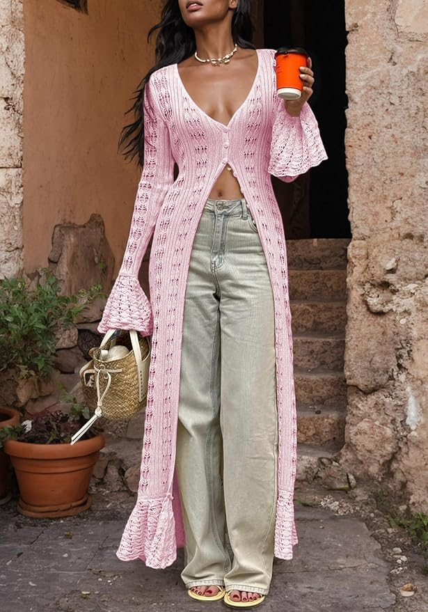 Crochet Hollow Out Knit Cardigans Sweater & Dress