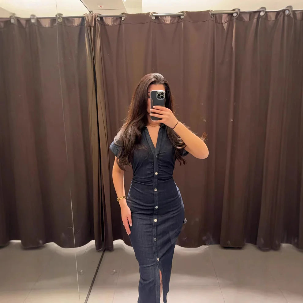 High-Waisted Fitted Denim Pleated Dress
