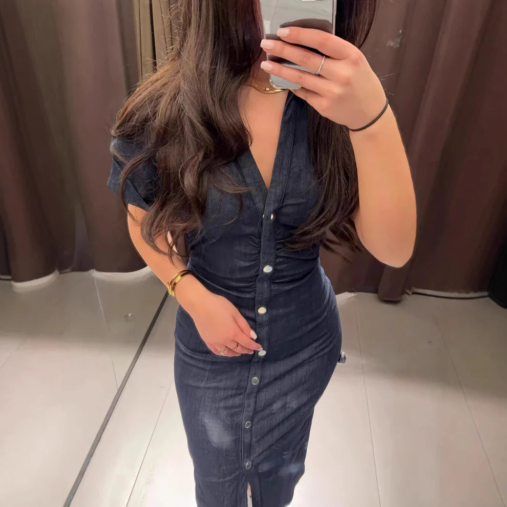 High-Waisted Fitted Denim Pleated Dress