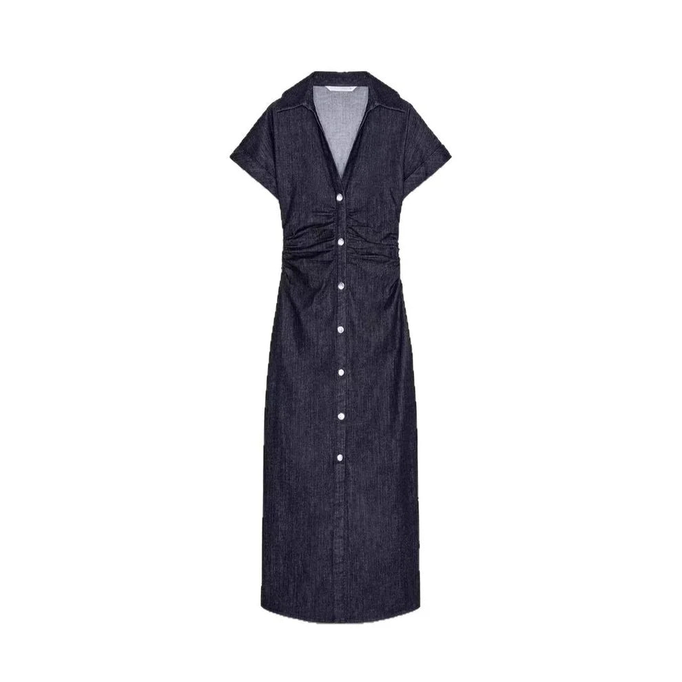 High-Waisted Fitted Denim Pleated Dress