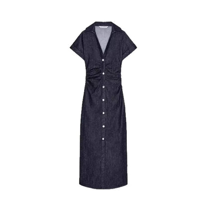 High-Waisted Fitted Denim Pleated Dress