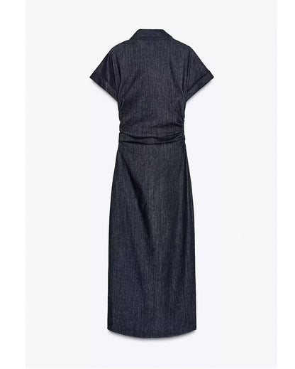 High-Waisted Fitted Denim Pleated Dress