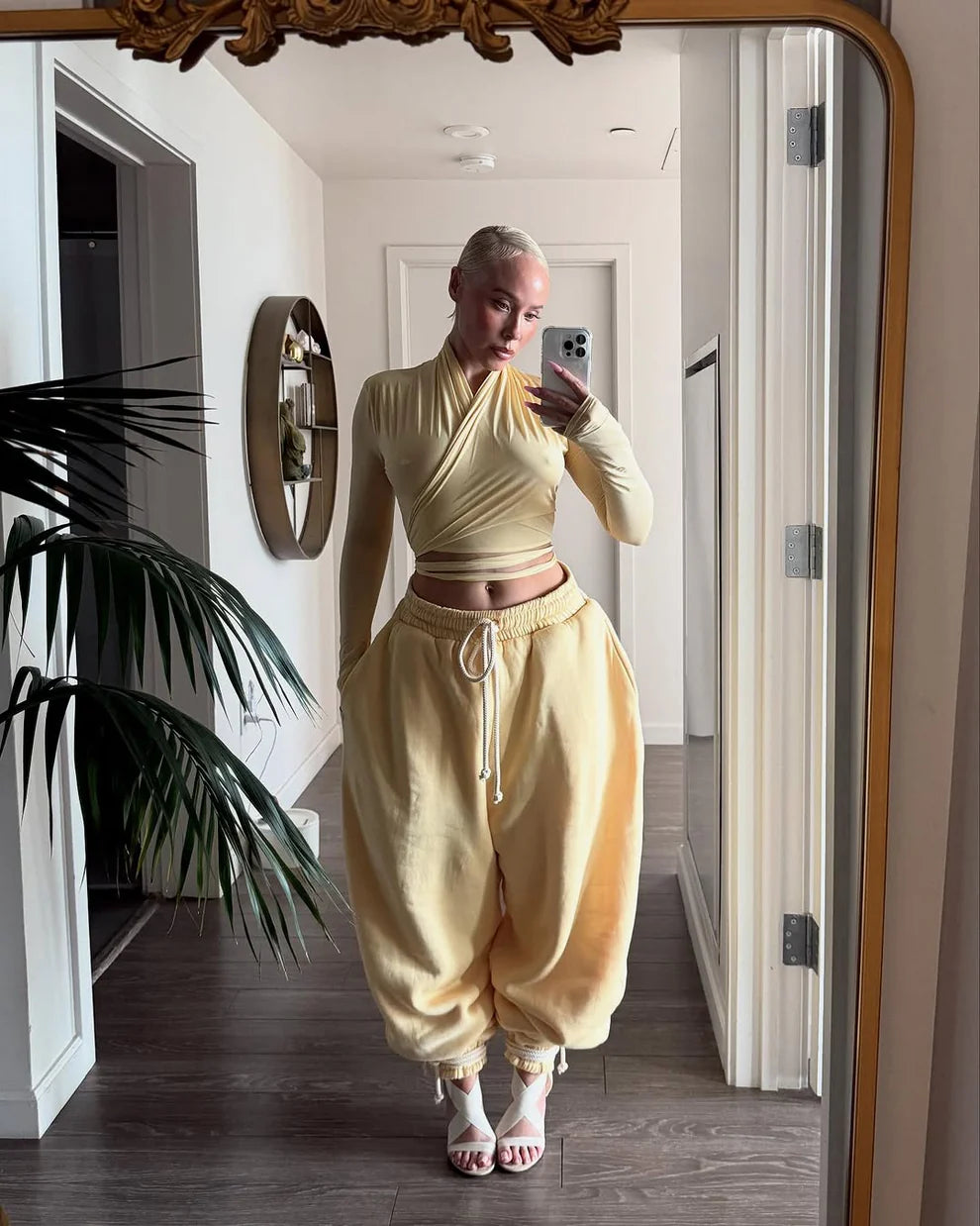 Cropped high-neck wrap top + loose sweatpants set