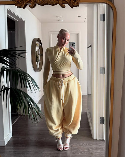 Cropped high-neck wrap top + loose sweatpants set