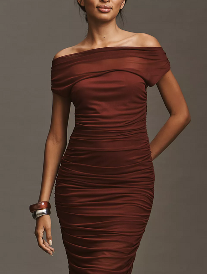 Off-Shoulder Mesh Slim Midi Dress