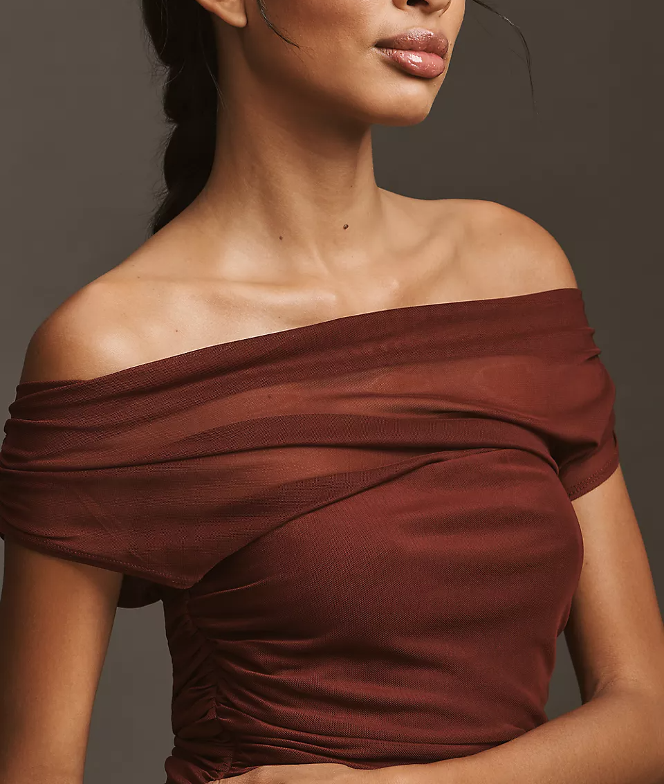 Off-Shoulder Mesh Slim Midi Dress