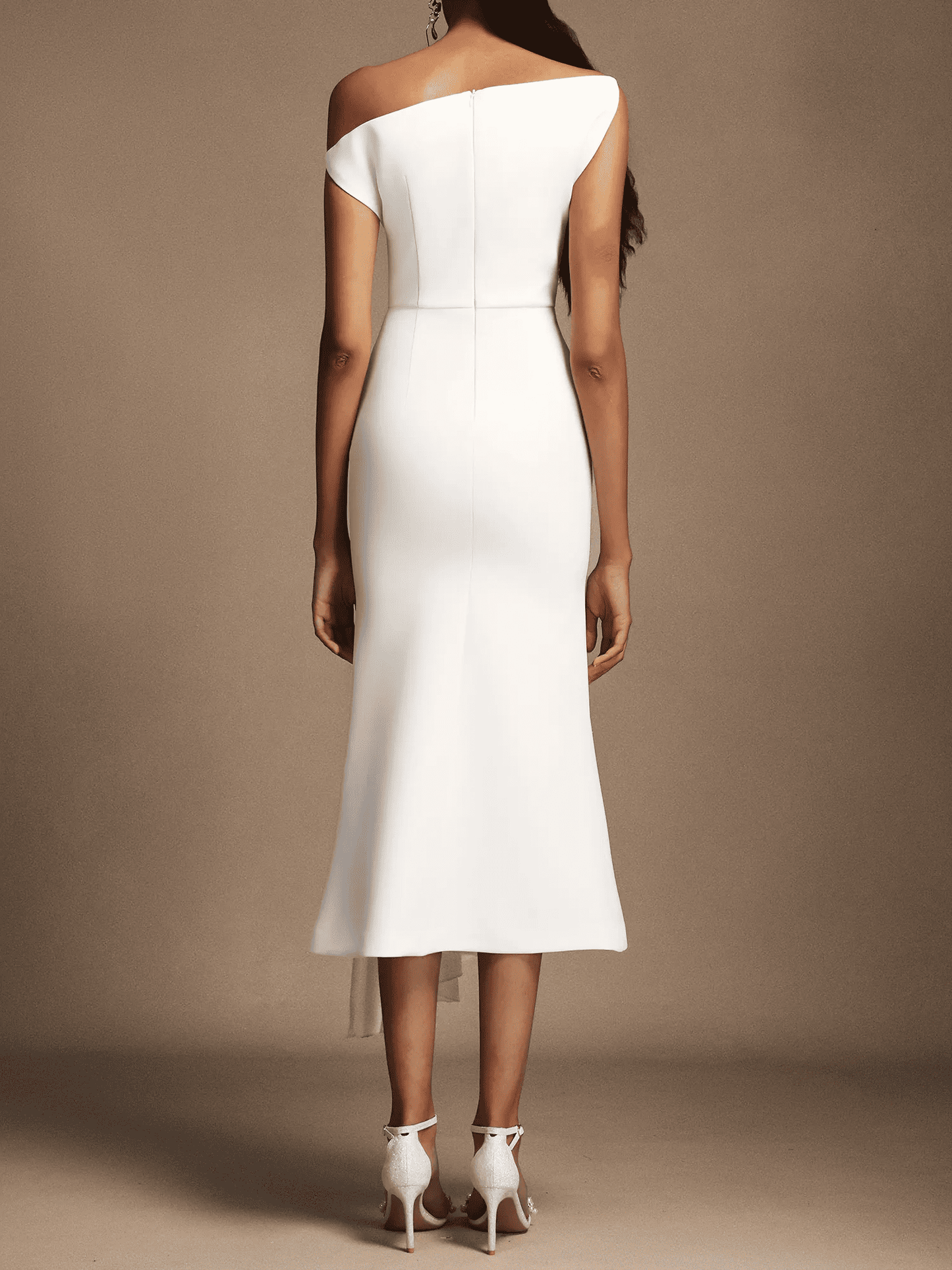 Oblique Shoulder Sleeveless Folds Midi Dress