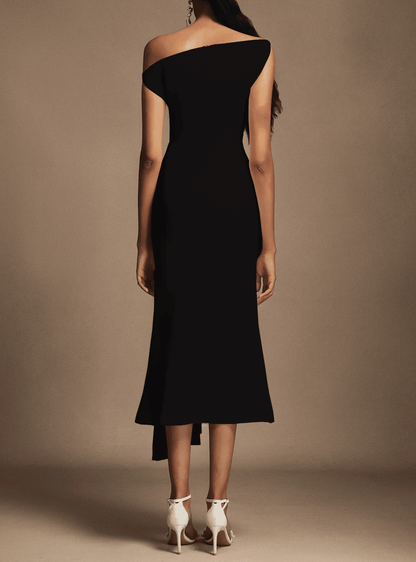 Oblique Shoulder Sleeveless Folds Midi Dress