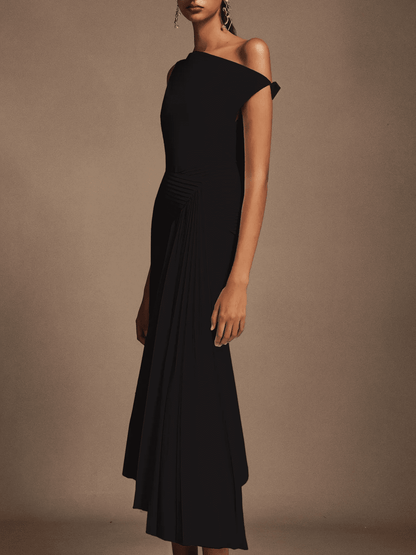 Oblique Shoulder Sleeveless Folds Midi Dress