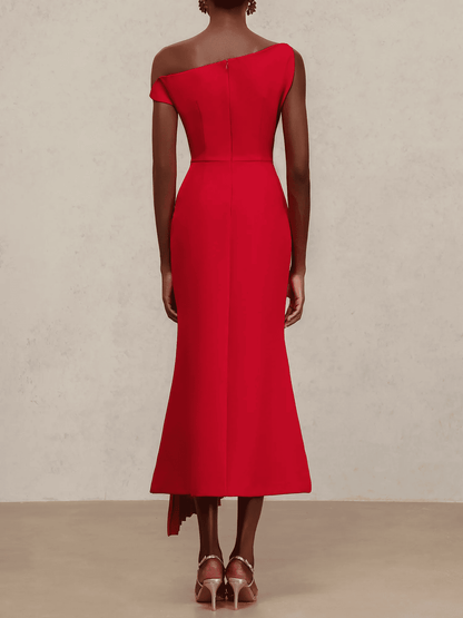 Oblique Shoulder Sleeveless Folds Midi Dress