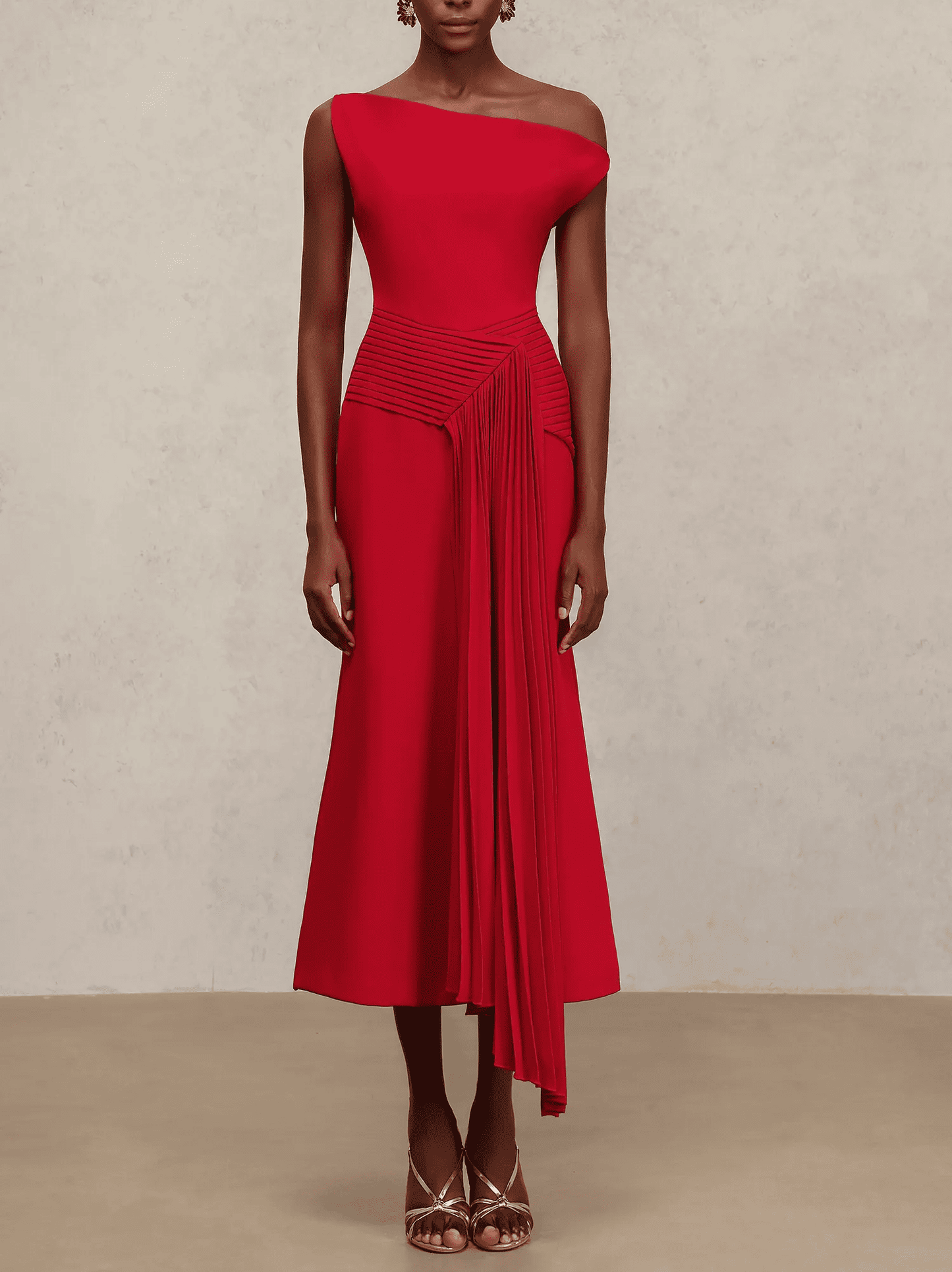 Oblique Shoulder Sleeveless Folds Midi Dress