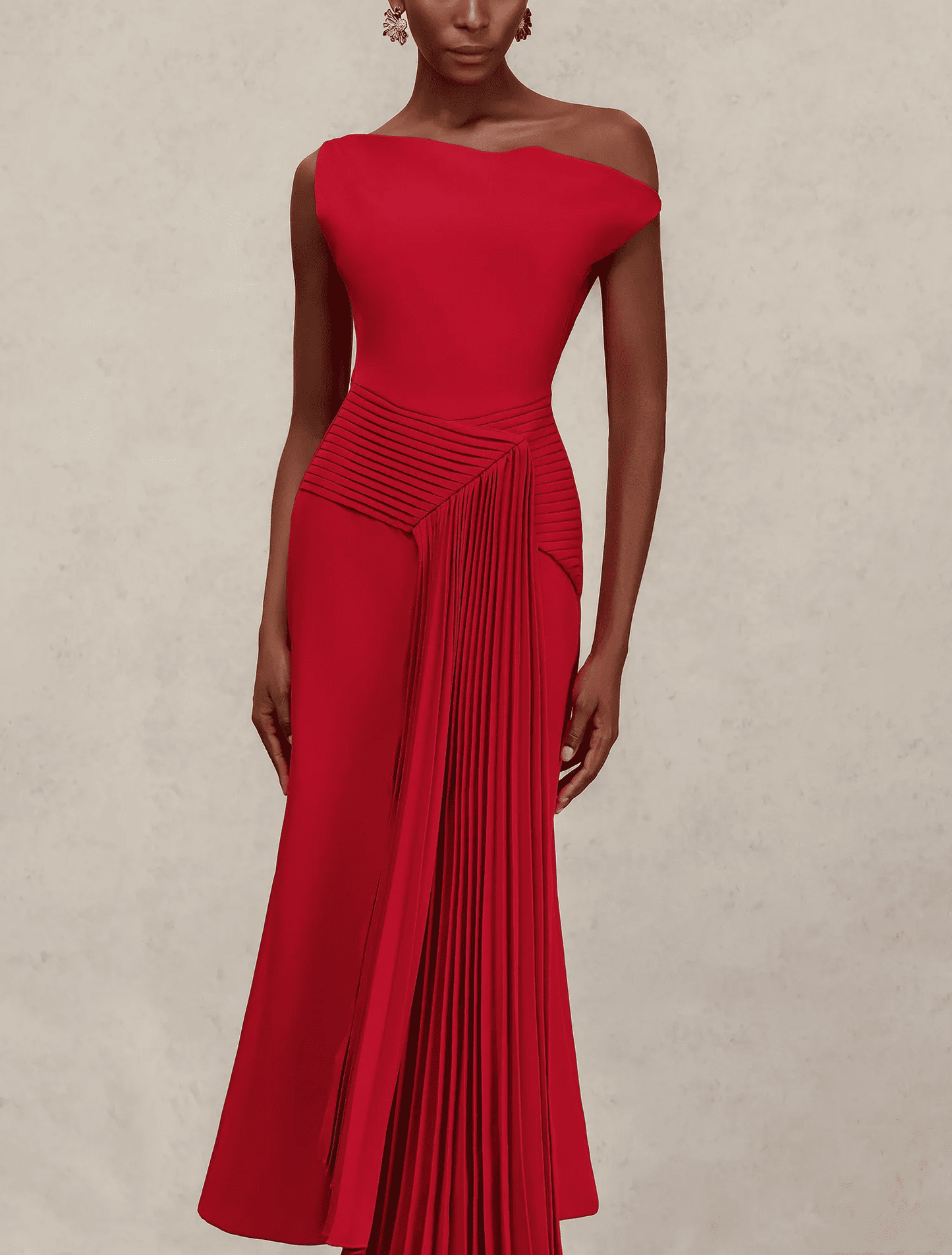 Oblique Shoulder Sleeveless Folds Midi Dress