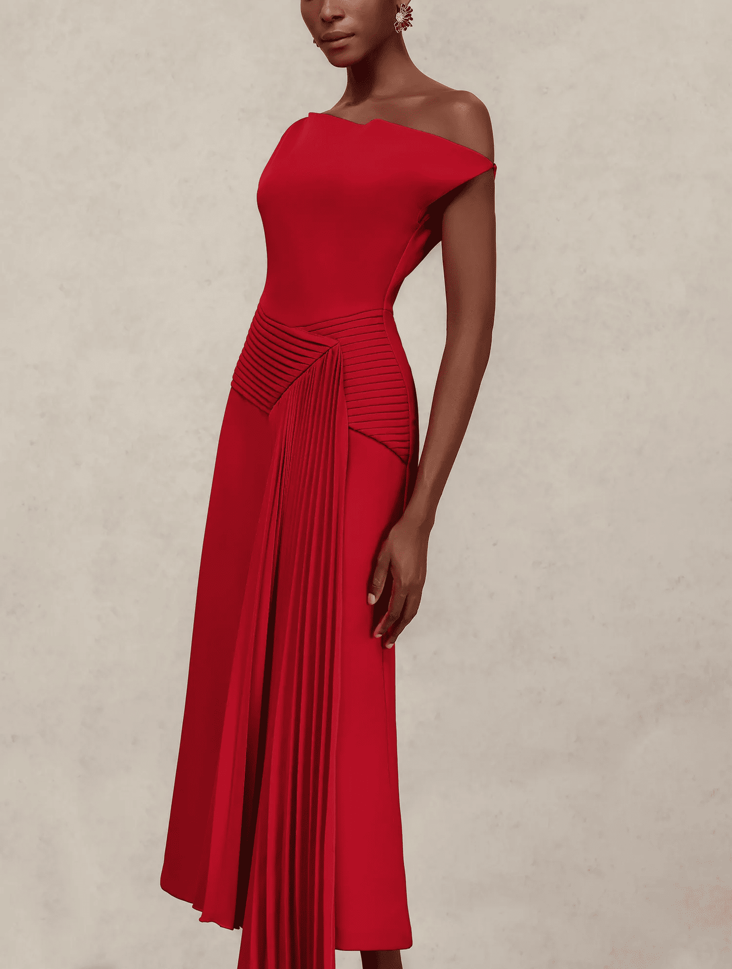 Oblique Shoulder Sleeveless Folds Midi Dress