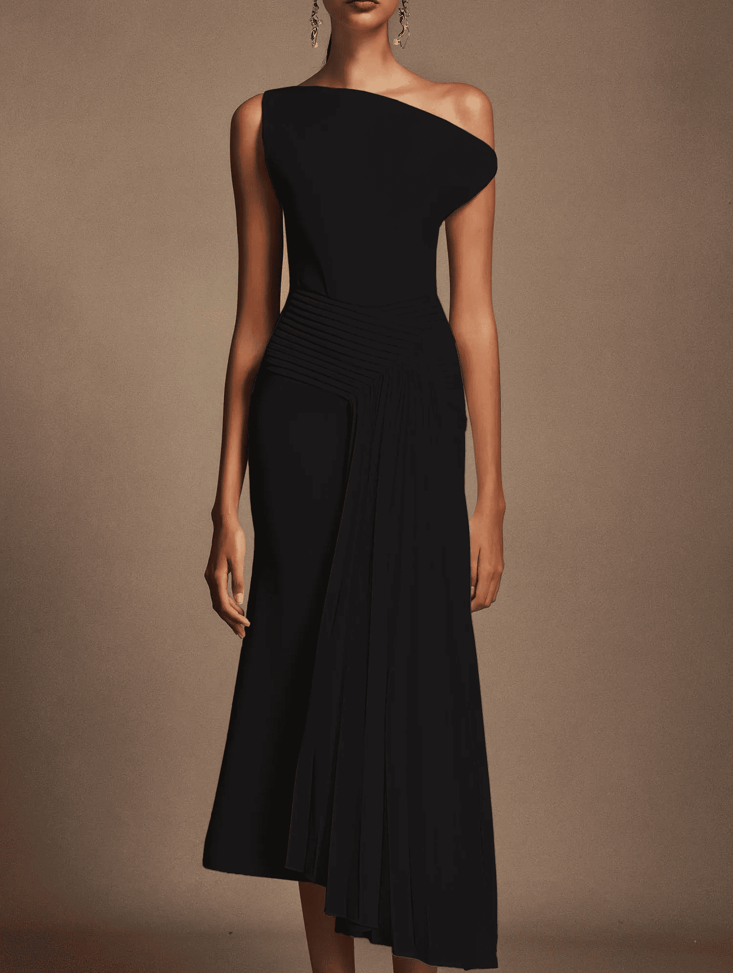 Oblique Shoulder Sleeveless Folds Midi Dress