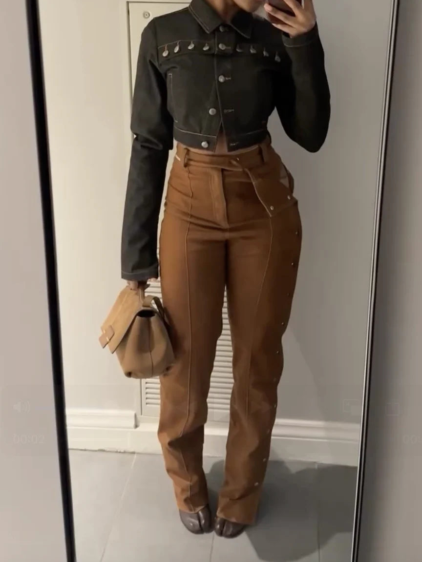 Lace Up Buckle Denim Pants