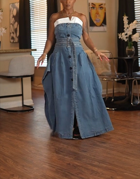 Single-breasted Contrast Neck double-belt Dress