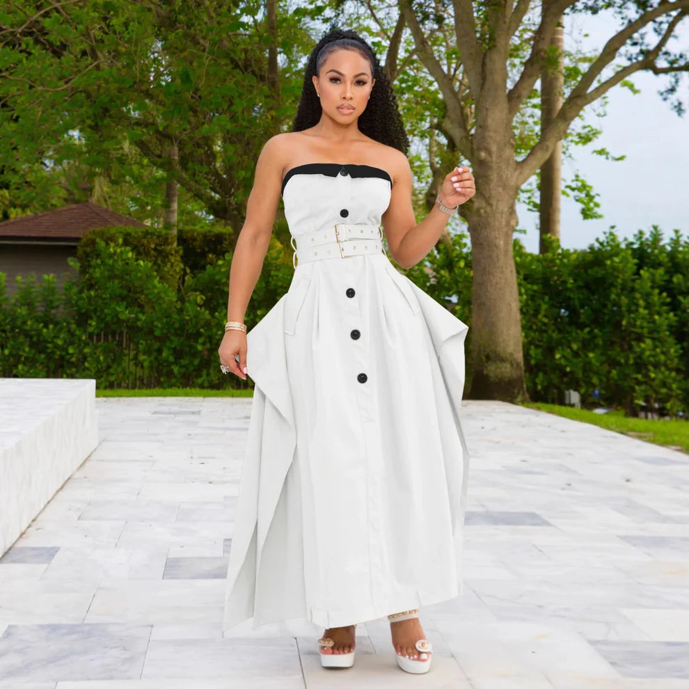 Single-breasted Contrast Neck double-belt Dress