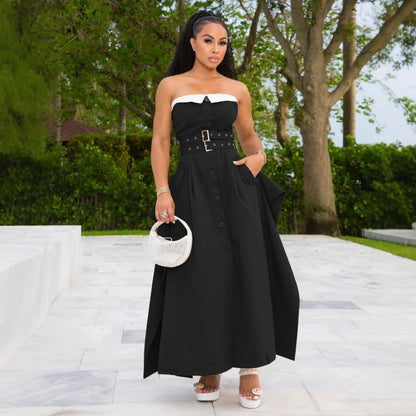 Single-breasted Contrast Neck double-belt Dress