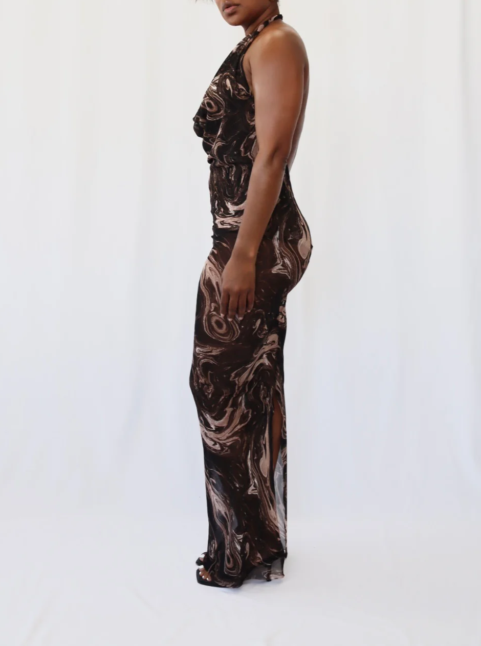 Sheer Spaghetti-Strap Printed Dress