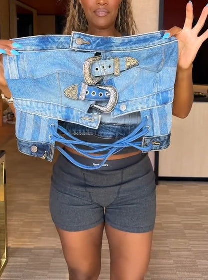 Double-Breasted Button-Down Denim Top