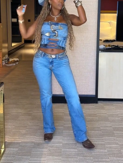 Double-Breasted Button-Down Denim Top