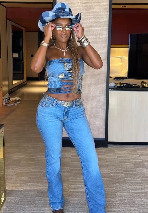 Double-Breasted Button-Down Denim Top