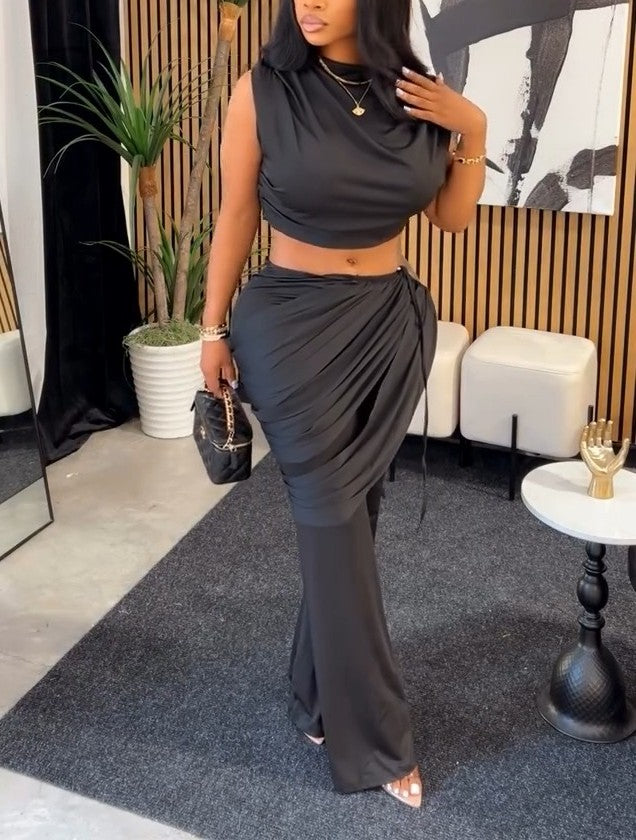 Round-Neck Pleated Top + High-Waisted pleated  Flared Pants