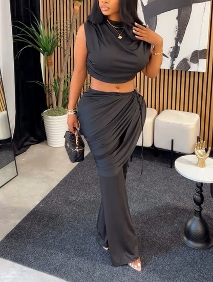 Round-Neck Pleated Top + High-Waisted pleated  Flared Pants