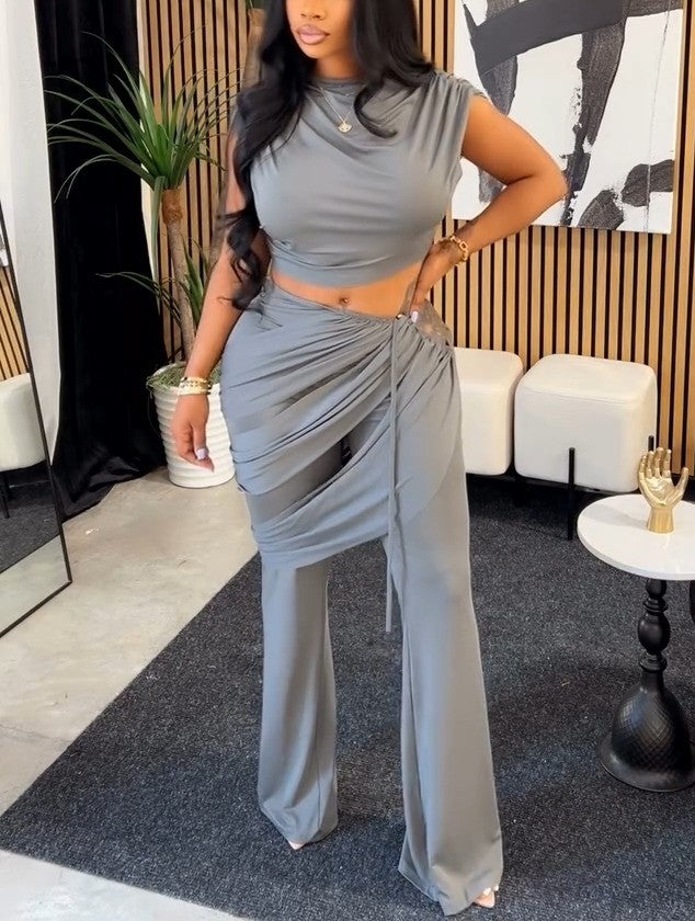 Round-Neck Pleated Top + High-Waisted pleated  Flared Pants