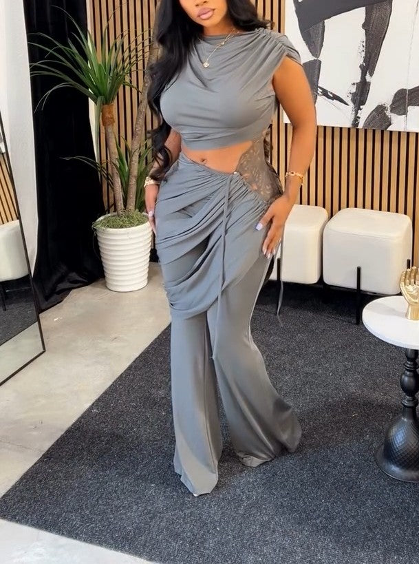 Round-Neck Pleated Top + High-Waisted pleated  Flared Pants