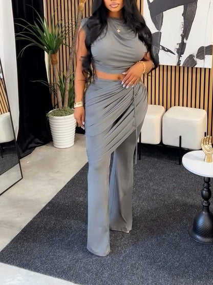 Round-Neck Pleated Top + High-Waisted pleated  Flared Pants