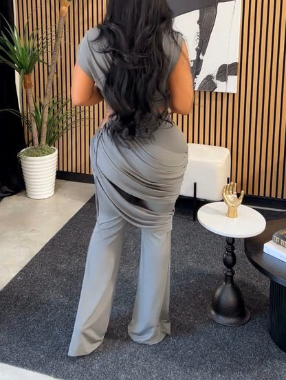 Round-Neck Pleated Top + High-Waisted pleated  Flared Pants