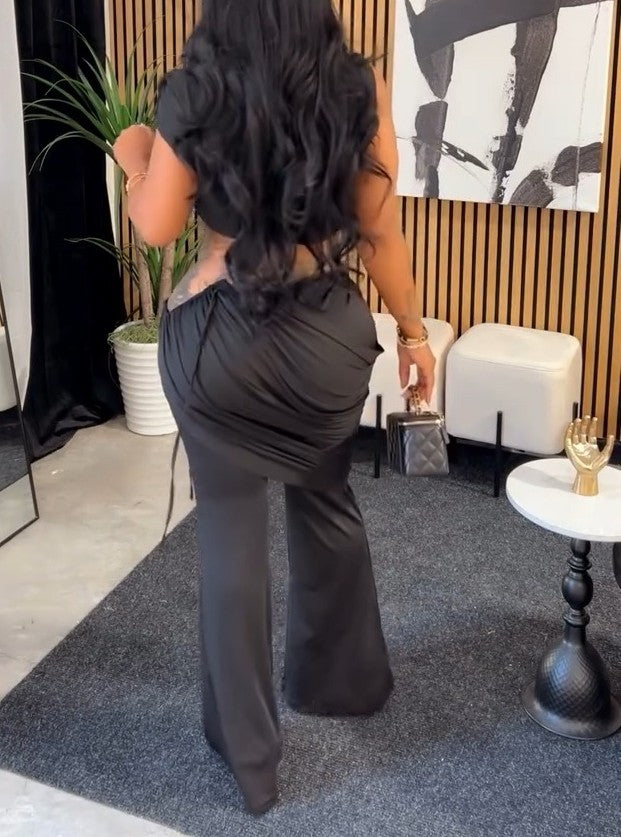 Round-Neck Pleated Top + High-Waisted pleated  Flared Pants