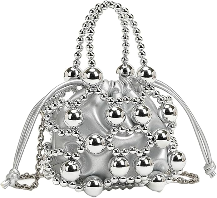 Beaded Leather Drawstring Handbag