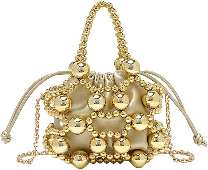 Beaded Leather Drawstring Handbag