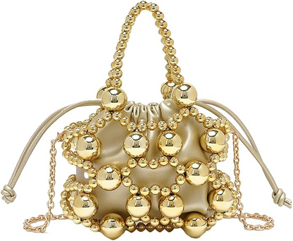 Beaded Leather Drawstring Handbag