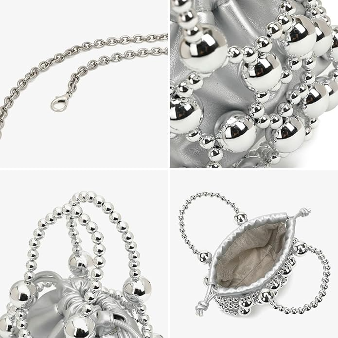 Beaded Leather Drawstring Handbag