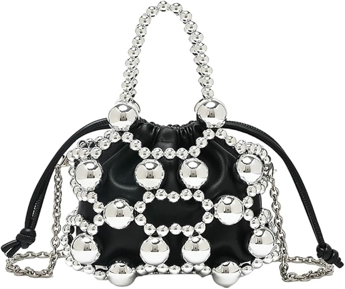 Beaded Leather Drawstring Handbag