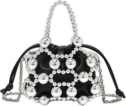 Beaded Leather Drawstring Handbag