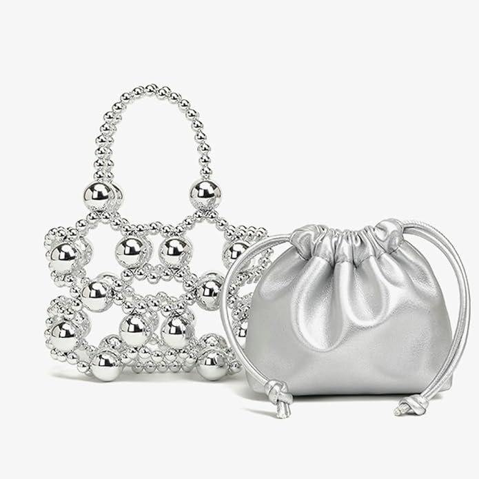 Beaded Leather Drawstring Handbag