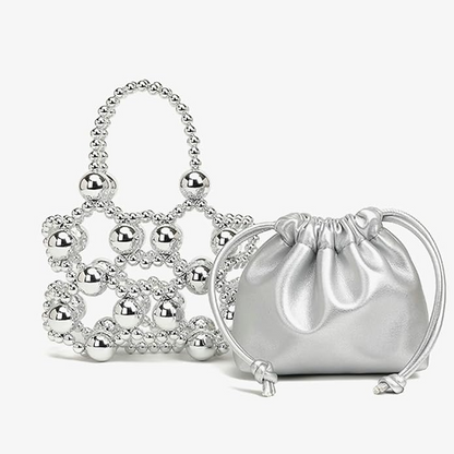 Beaded Leather Drawstring Handbag