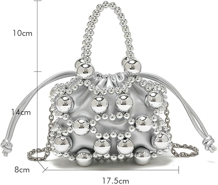 Beaded Leather Drawstring Handbag